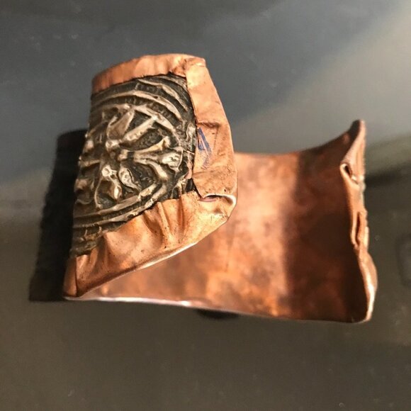 Antique Victorian Sterling Silver Green Man Copper Cuff 925 Bracelet Art nouveau - Picture 5 of 8